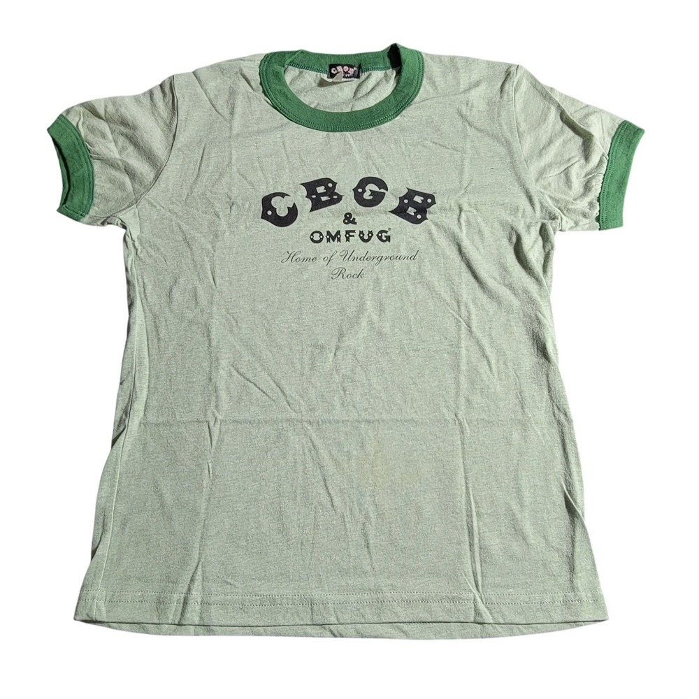 CBGB OMFUG Ringer Tee Sage Green Graphic T-Shirt Home of Underground Rock Medium